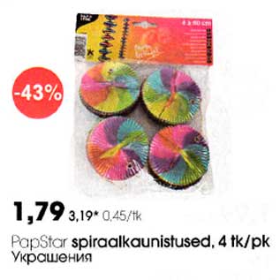 Allahindlus - PapStar spiraalkaunistused, 4 tk/pk