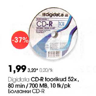 Allahindlus - Digidata CD-R toorikud 52x, 80 min/700 MB, 10 tk/pk