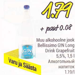 Allahindlus - Muu alkohoolne jook Bellissimo G!N Long Drink Grapefruit