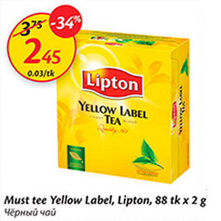 Allahindlus - Must tee Yellow Label, Lipton, 88 tk x 2 g