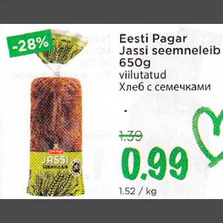 Allahindlus - Eesti Pagar Jassi seemneleib 650 g viilutatud