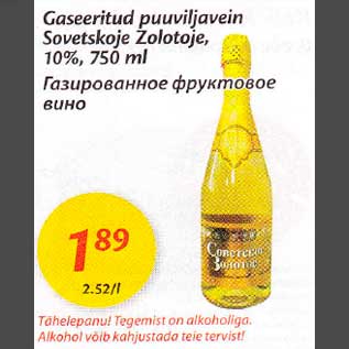 Allahindlus - Gaseeritud puuviljavein Sovetskoje Zolotoje, 10%, 750 ml