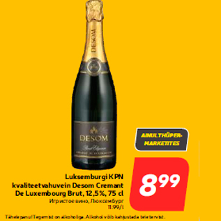 Allahindlus - Luksemburgi KPN kvaliteetvahuvein Desom Cremant De Luxembourg Brut