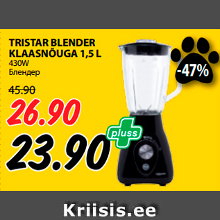 Allahindlus - TRISTAR BLENDER KLAASNÕUGA 1,5 L 430W