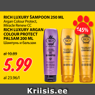 Allahindlus - RICH LUXURY ŠAMPOON 250 ML Argan Colour Protect, Miracle Renew CC RICH LUXURY ARGAN COLOUR PROTECT PALSAM 200 ML