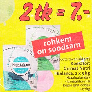 Allahindlus - Koeratoit Grrreat Nutri Balanse, 2 x 3 kg