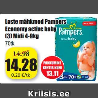 Allahindlus - Laste mähkmed Pampers Economy active baby (3) Midi 4-9kg 70tk