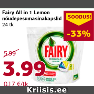 Allahindlus - Fairy All in 1 Lemon nõudepesumasinakapslid 24 tk