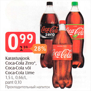 Allahindlus - Karastusjook Coca-Cola Zero*, Coca-Cola või Coca-Cola Lime 1,5 l