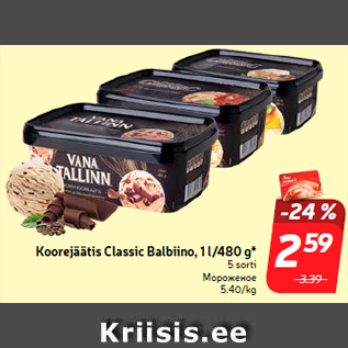 Allahindlus - Koorejäätis Classic Balbiino, 1 l/480 g*