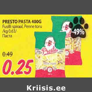 Allahindlus - PRESTO PASTA 400G Fusilli spiraal, Penne toru