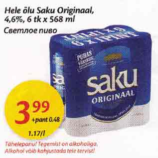 Allahindlus - Hele õlu Saku Originaal,4,6%, 6 tk х 568 ml