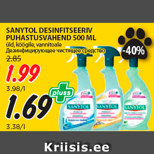 Allahindlus - SANYTOL DESINFITSEERIV PUHASTUSVAHEND 500 ML