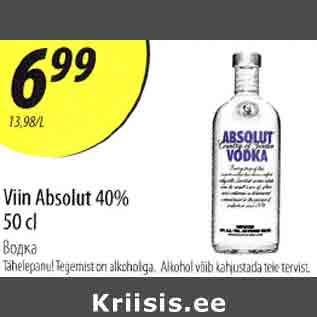 Allahindlus - Viin Absolut 40%, 50 cl