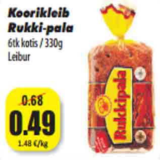 Allahindlus - Koorikleib Rukki-pala 6tk kotis / 330g Leibur