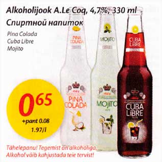 Allahindlus - Alkоhоlijооk A,Lе.Cоq, 4,7% 330 ml * Pinо Colada * Cuba Libre * Mojito