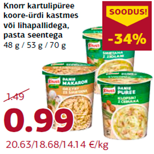 Allahindlus - Knorr kartulipüree koore-ürdi kastmes või lihapallidega, pasta seentega