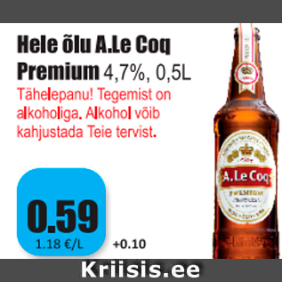 Allahindlus - Hele õlu A.Le Coq Premium