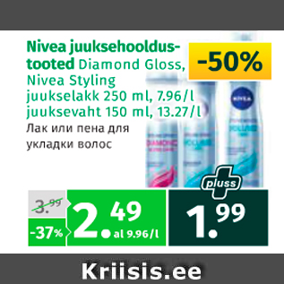 Allahindlus - Nivea juuksehooldustooted Diamond Gloss, Nivea Styling juukselakk 250 ml, juuksevaht 150 ml