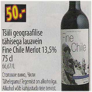 Allahindlus - Tšiili geograafilise tähisega lauavein Fine Chile Merlot