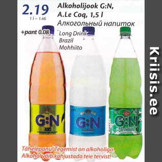 Allahindlus - Alkoholijook G:N, A.Le Coq, 1,5 l