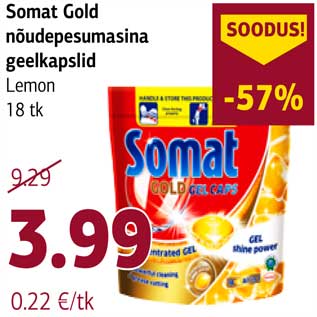 Allahindlus - Somat Gold nõudepesumasina geelkapslid Lemon 18 tk