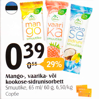 Allahindlus - Mango-, vaarika- või kookose-sidrunisorbett