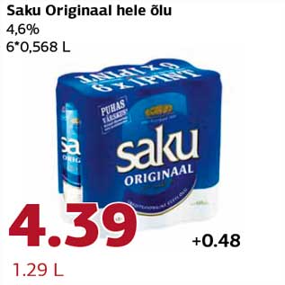 Allahindlus - Saku Originaal hele õlu 4,6% 6*0,568 L