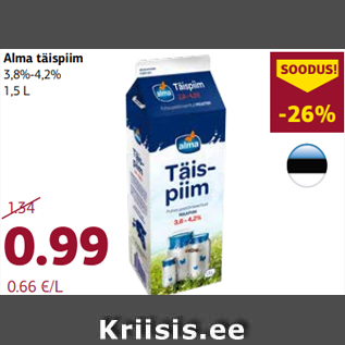 Allahindlus - Alma täispiim 3,8%-4,2% 1,5 L