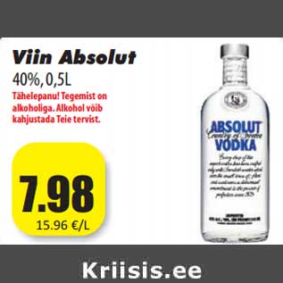 Allahindlus - Viin Absolut 40%, 0,5L