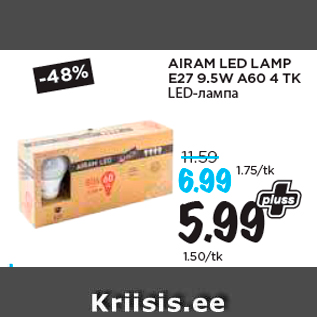 Allahindlus - AIRAM LED LAMP E27 9.5W A60 4 TK