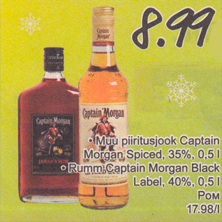 Allahindlus - .Muu piiritusjook Captain Morgan Spiced, 35%, 0,5 l .Rumm Captain Morgan Black Label, 40%, 0,5 l