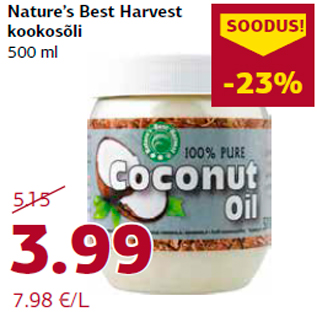 Allahindlus - Nature’s Best Harvest kookosõli 500 ml