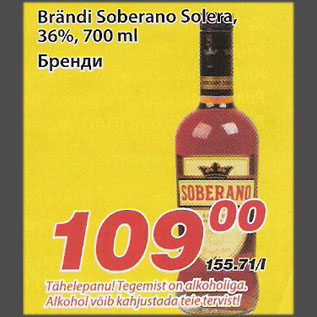 Allahindlus - Brändi Soberano Solera, 36%, 700 ml