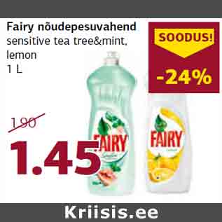 Allahindlus - Fairy nõudepesuvahend sensitive tea tree&mint, lemon 1 L