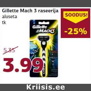 Allahindlus - Gillette Mach 3 raseerija aluseta tk