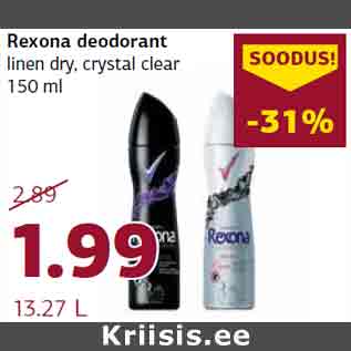 Allahindlus - Rexona deodorant linen dry, crystal clear 150 ml