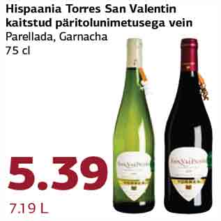 Allahindlus - Hispaania Torres San Valentin kaitstud päritolunimetusega vein Parellada, Garnacha 75 cl