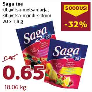 Allahindlus - Saga tee kibuvitsa-metsamarja, kibuvitsa-mündi-sidruni 20 x 1,8 g