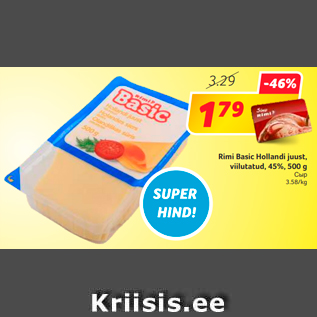 Allahindlus - Rimi Basic Hollandi juust, viilutatud, 45%, 500 g