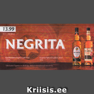 Allahindlus - Kariibi rumm Negrita Gold 70 cl,37,5%; Negrita Spiced Golden 70 cl, 35%