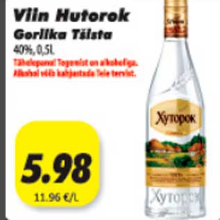 Allahindlus - Viin Hutorok Gorilka Täista 40%, 0,5l