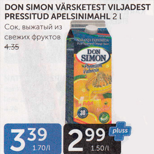 Allahindlus - DON SIMON VÄRSKETEST VILJADEST PRESSITUD APELSINIMAHL 2 L