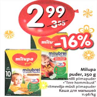 Allahindlus - Milupa puder, 250 g õuna-vanilli piimapuder ."Теrе hommikust" mitmevilja-müsli piimapuder