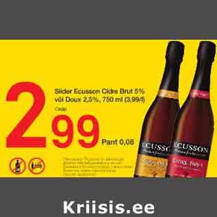 Allahindlus - Siider Ecusson Cidre Brut 5% või Doux 2,5%, 750 ml