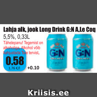 Allahindlus - Lahja alk. jook Long G:N A.Le Coq