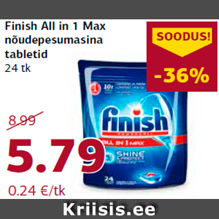 Allahindlus - Finish All in 1 Max nõudepesumasina tabletid 24 tk