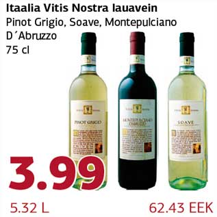 Allahindlus - Itaalia Vitis Nostra lauavein Pinot Grigio, Soave, Montepulciano D´Abruzzo 75 cl