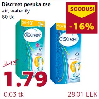 Allahindlus - Discreet pesukaitse air, waterlily 60 tk