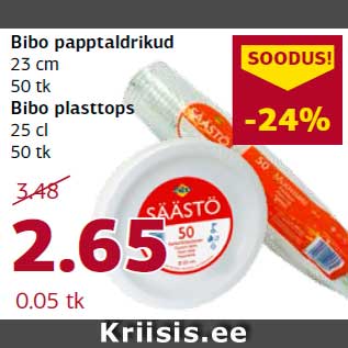 Allahindlus - Bibo papptaldrikud 23 cm 50 tk; Bibo plasttops 25 cl 50 tk